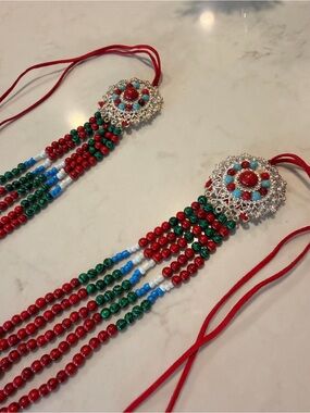 Handcrafted Red & Green Beaded Tassel Hair Accessory - Mongolian/Native
